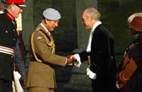 Prince Charles is introduced to the High Sheriff of Wiltshire, Peter Pleydell-Bouverie, outside the Cathedral. DB3175P24